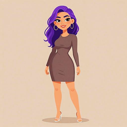 Digital cartoon of a smiling woman with long purple hair, wearing a form-fitting dark brown dress, white heels, and large hoop earrings.
