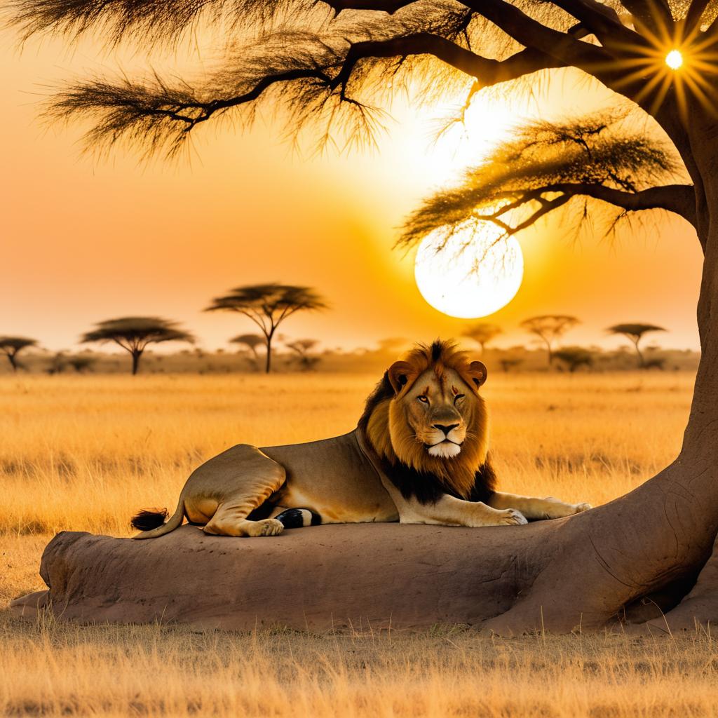 Lion Relaxing Under Tree at Sunset