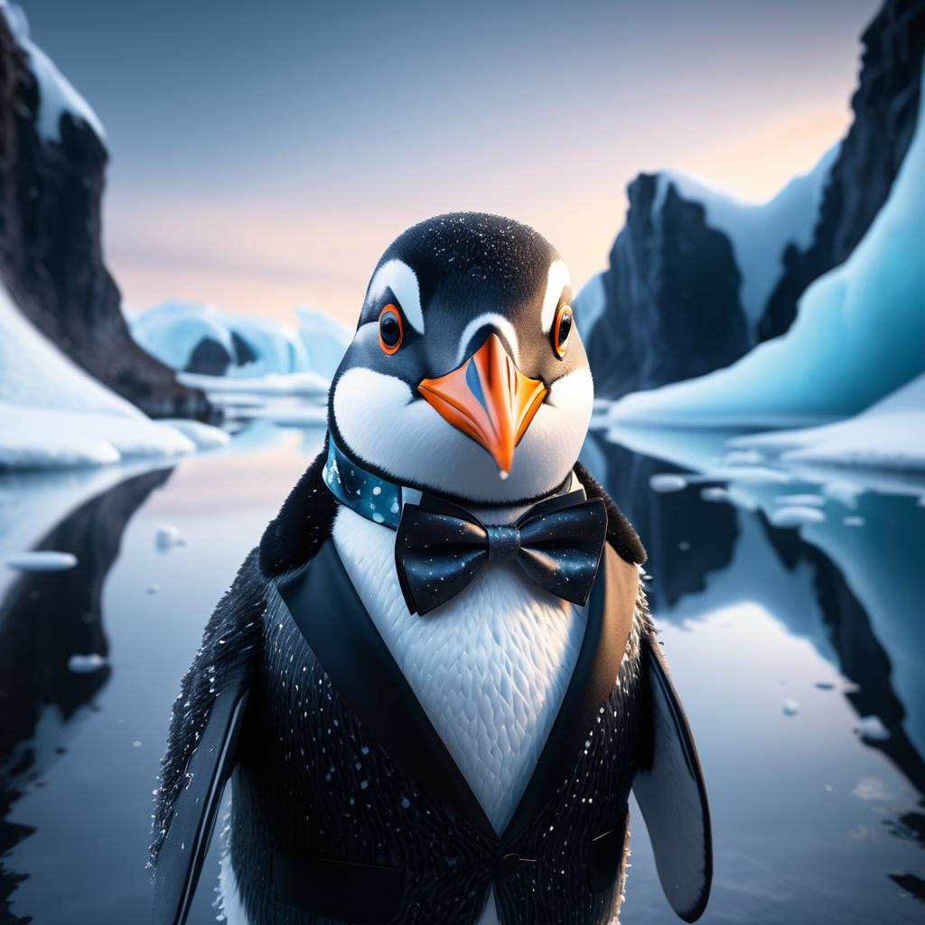 Whimsical Penguin Portrait in Icy Landscape