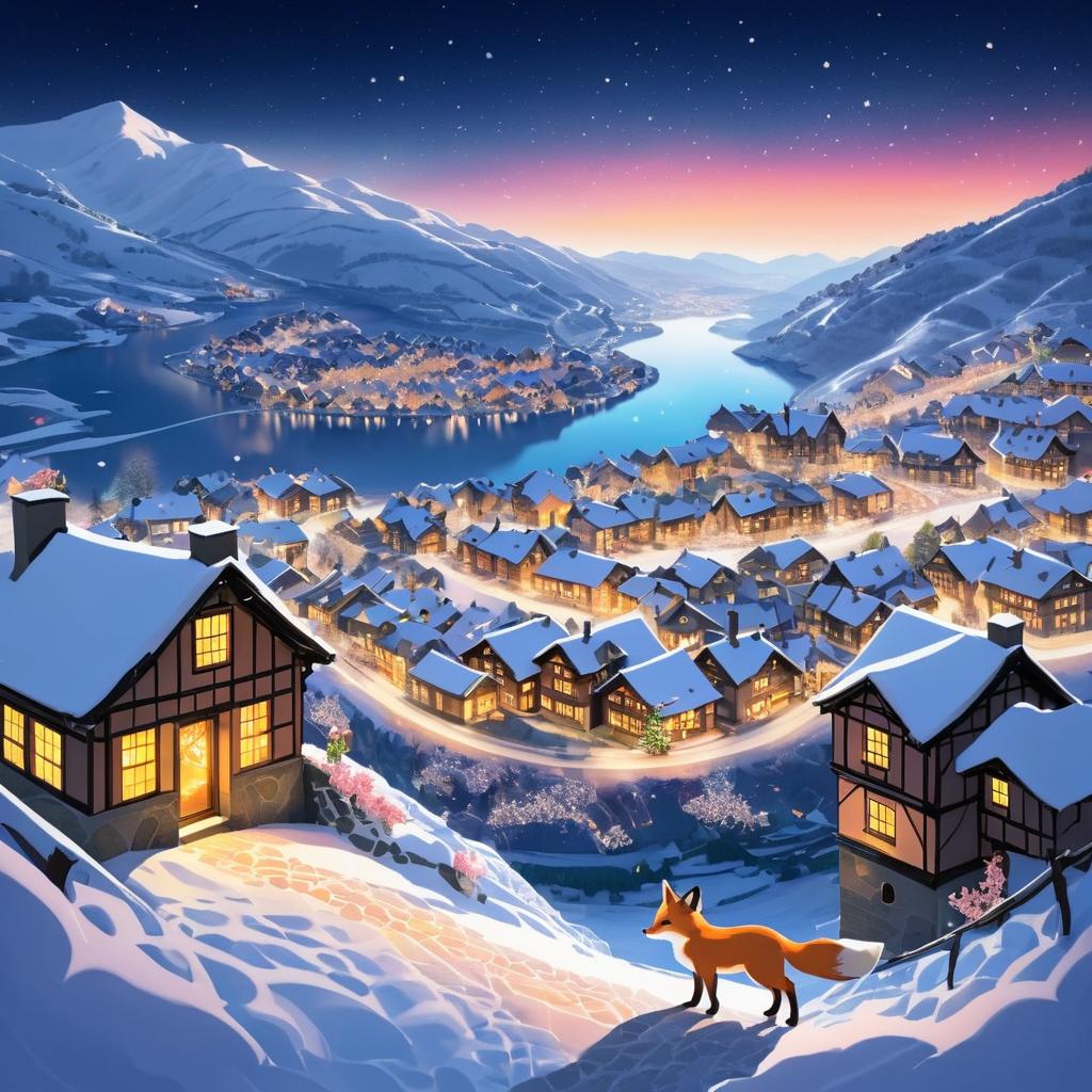 Curious Fox Over Snowy Village Landscape