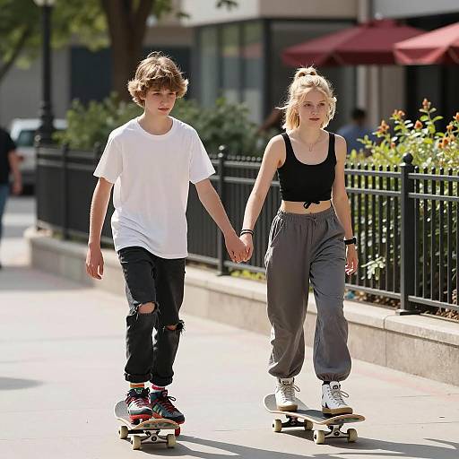 Teenagers Holding Hands Skateboarding Outdoors
