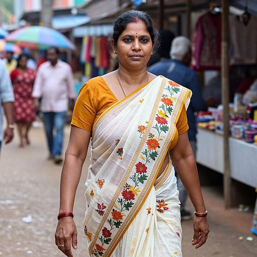 Photograph of a middle-aged Indian woman with medium-brown skin, wearing an orange top and white sari with floral embroidery, walking on a busy