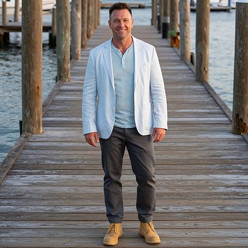 Smiling man in white button-up shirt, black pants, and tan boots stands on wooden pier with water and posts in background.