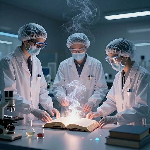Photograph of three scientists in white lab coats and hairnets, wearing goggles and masks, examining an open book emitting bright, ethereal blue flames in
