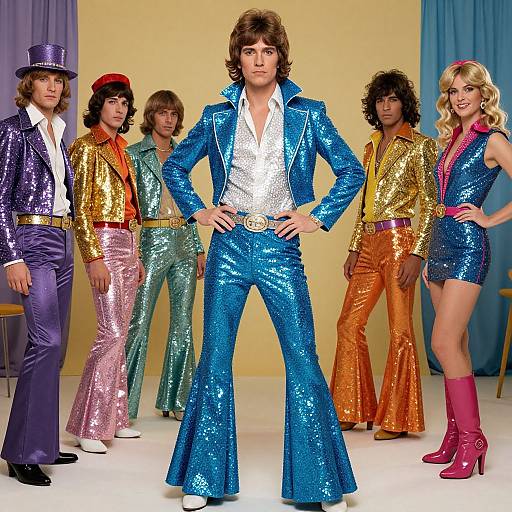 Photograph of six people in shiny, colorful 1970s-style suits; central figure in blue, flares, and silver shirt, surrounded by