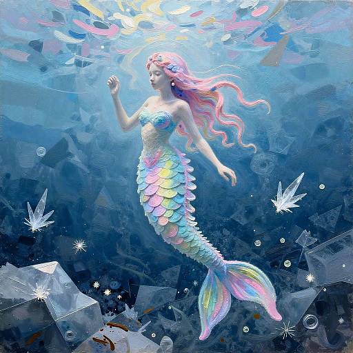 Digital artwork of a radiant mermaid with pink and purple flowing hair, iridescent scales, and a glowing tail, floating amidst underwater ice crystals and