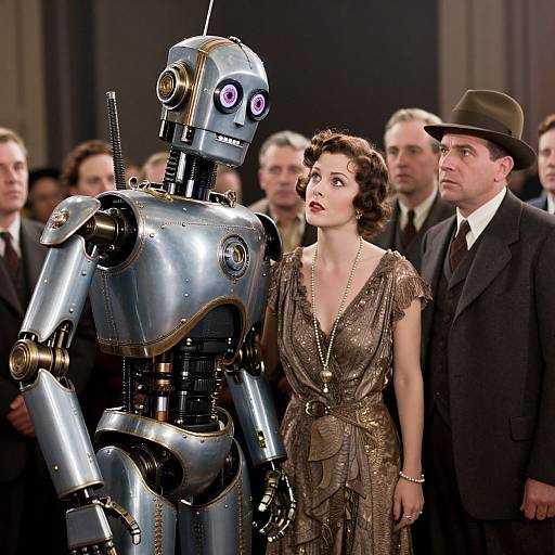 Photograph of a 1940s-style woman in a sparkling brown dress standing next to a shiny silver robot with purple eyes, surrounded by men in