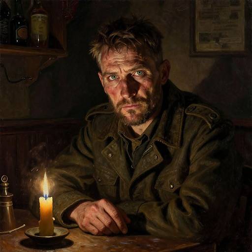 Photograph of a bearded man with intense expression, dimly lit by a single candle, wearing a dark jacket, in a shadowy room.