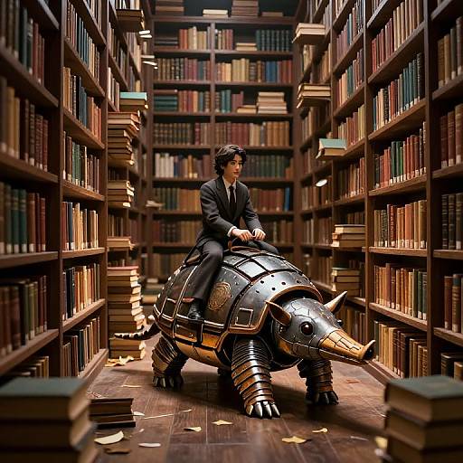 Photograph-like digital artwork of a man in a black suit riding a metallic, armored tortoise through a narrow, book-filled library aisle.