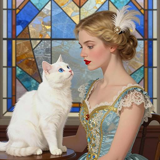 Woman in Ornate Dress with White Cat