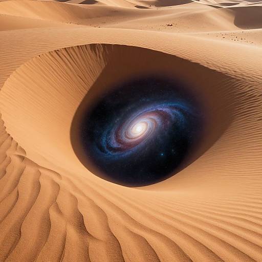 Photograph of a surreal desert landscape with a large, perfectly circular sand dune, filled with a glowing blue and white spiral galaxy.