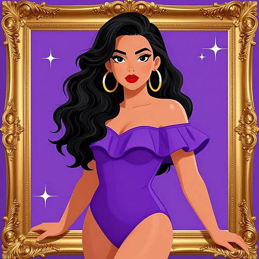 Digital illustration of a confident woman with long black hair, red lipstick, and gold hoop earrings, wearing a purple off-shoulder leotard,