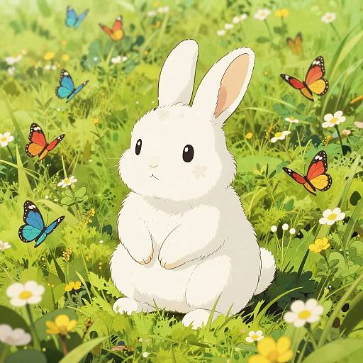 Whimsical Meadow Rabbit with Flowers