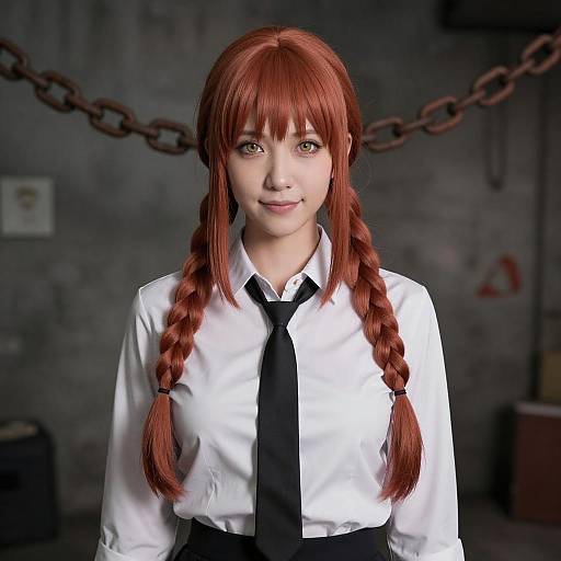 Digital anime-style portrait of a red-haired girl with twin braids, wearing a white shirt and black tie, in a dimly lit industrial setting with