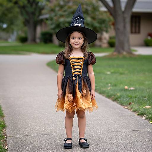 Photograph of a young girl in a black witch costume with orange and black lace details, black hat, standing on a suburban sidewalk.