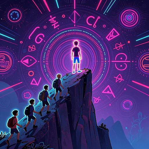 Digital art: Neon-lit, futuristic mountain scene with silhouetted figures climbing. Central figure stands on peak, glowing pink against vibrant, circular