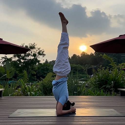 Photograph of a woman in blue workout clothes performing a headstand on a wooden deck at sunset, with lush greenery and red umbrellas in the