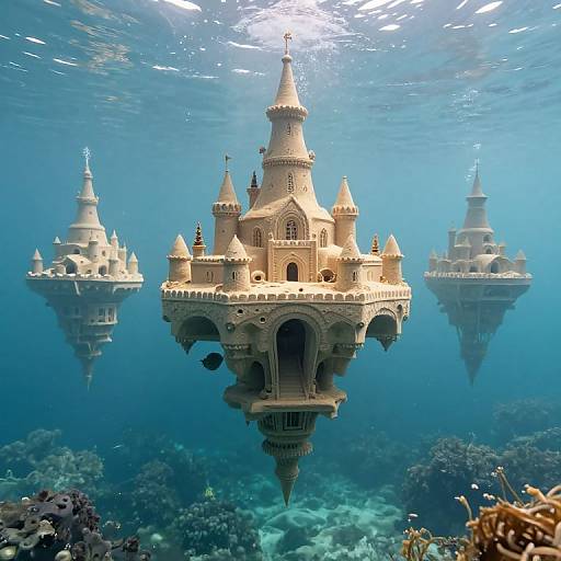 Surreal Ocean with Suspended Sandcastles