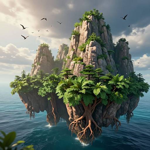 Digital artwork of floating, rocky islands with lush green plants, surrounded by blue ocean, and flying birds under a cloudy sky.