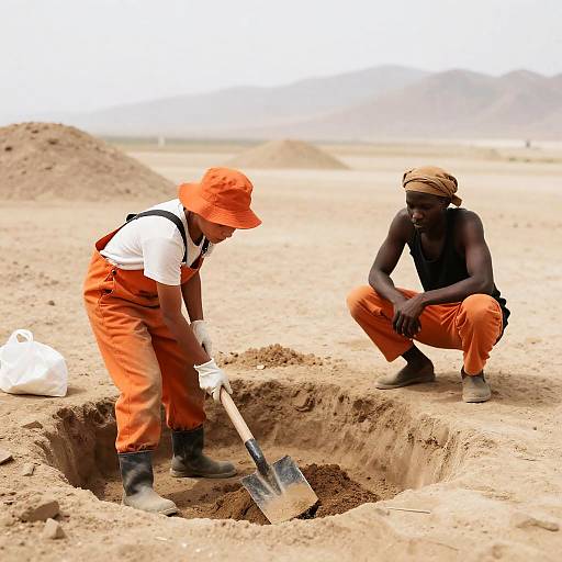Focused Duo Digging in Sandy Terrain