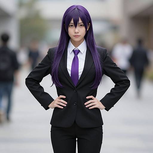 Digital art of a serious-looking Asian woman with long purple hair, wearing a black suit and purple tie, standing confidently with hands on hips in a blurred