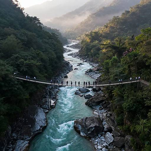 Photograph of a narrow suspension bridge spanning a turbulent, turquoise river in a dense, misty forest at sunrise, with small, dark silhouettes