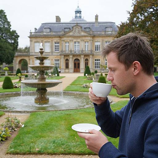 Photograph of a man in a navy hoodie, sipping from a white cup, standing in a formal garden with a fountain and elegant mansion in the