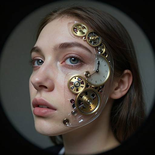 Photorealistic digital art of a young woman with blue eyes, pale skin, and brown hair, featuring brass gears and clock mechanisms embedded in her forehead