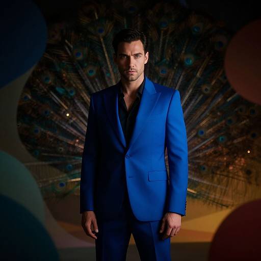Photograph of a handsome, dark-haired man in a vibrant blue suit, standing against a dark, peacock-feather-patterned backdrop.