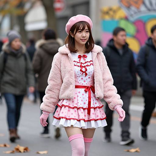 Photograph of an Asian woman in a pink beret, fluffy pink jacket, white polka-dot dress with red ribbon, pink gloves, and thigh