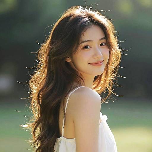 Photograph of a young Asian woman with long, wavy brown hair, smiling softly, wearing a white spaghetti-strap dress, bathed in sunlight