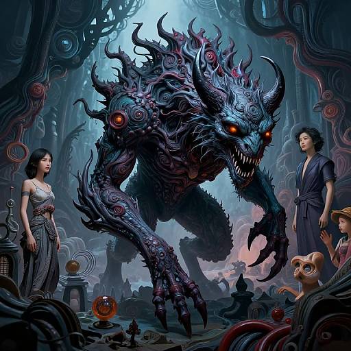 Digital fantasy art: A dark, horned, monstrous creature with glowing red eyes and sharp claws stands menacingly between two Asian women in a surreal,