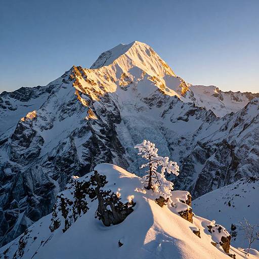 Photograph of a sunlit, snow-covered mountain peak at sunrise, with golden light highlighting jagged edges and casting shadows over the rugged, white landscape