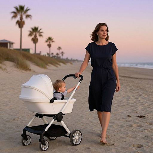 Photograph of a brown-haired woman in a black dress walking a sandy beach at sunset, pushing a white baby stroller with a small child. Palm