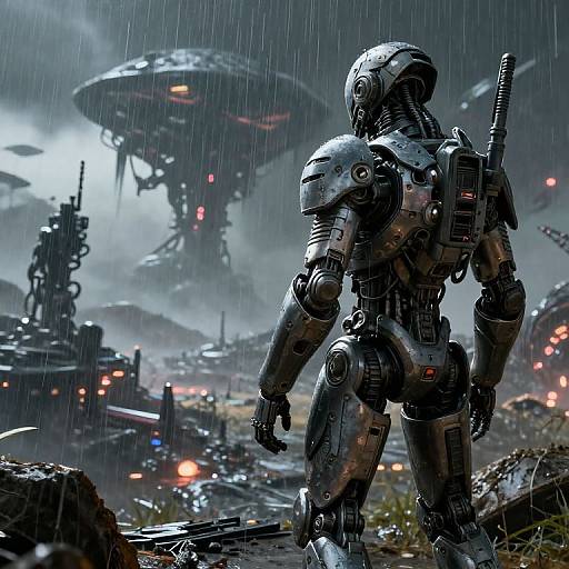 Cinematic Mech Surveying Alien Battlefield