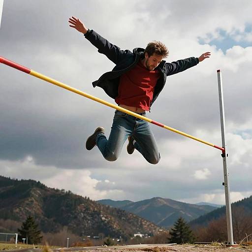 Photograph of a man in red shirt and blue jeans mid-air, jumping over a yellow and red horizontal bar, set against a cloudy mountain backdrop.
