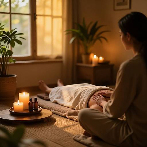 Photograph of a serene massage room with warm candlelight, a woman massaging another's back, surrounded by potted plants and soft sunlight.