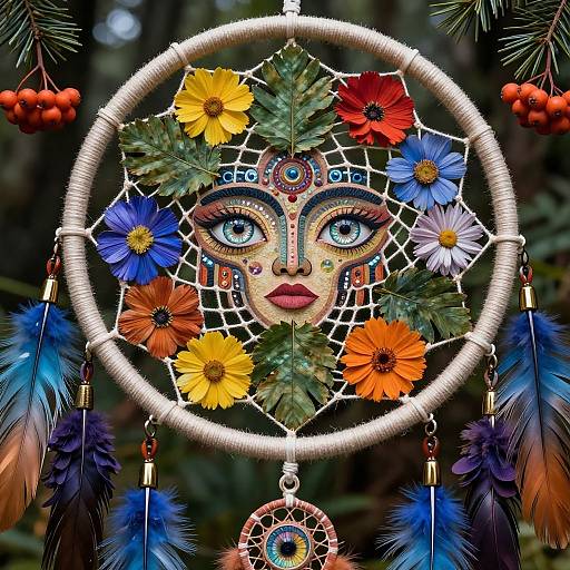 Colorful dreamcatcher with detailed face mask, vibrant flowers, and feathers, set against a dark forest background with red berries. Photorealistic digital