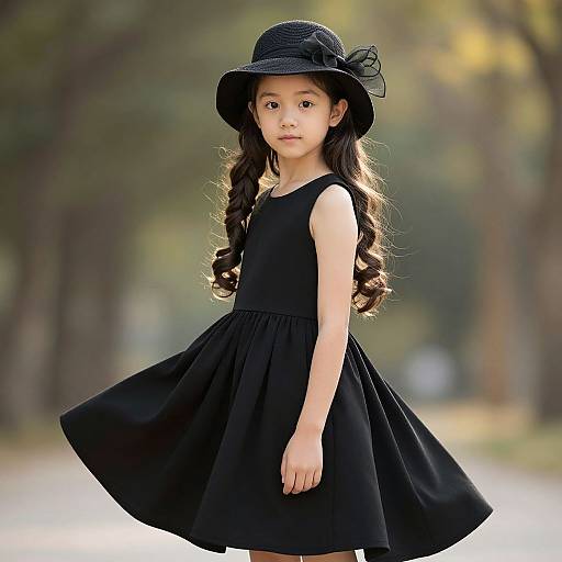 Photograph of a young Asian girl with long curly hair, wearing a black sleeveless dress and hat, standing outdoors on a sunny path with blurred trees