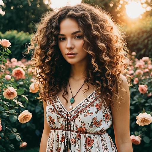 Young woman with loose curls in rose garden