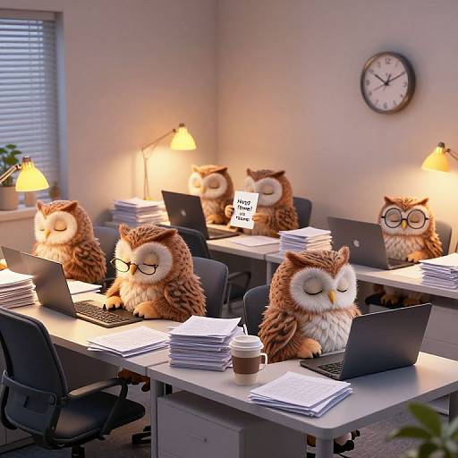 Photograph of four cartoon owls with glasses and brown feathers working in an office, using laptops, with coffee cups and stacked papers. Bright lamps,