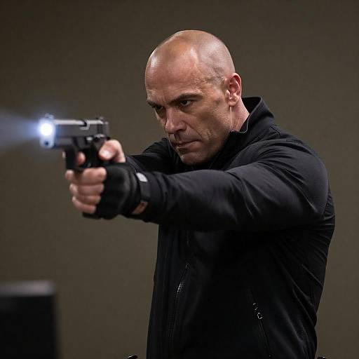 Bald Muscular Man Aiming Glowing Handgun