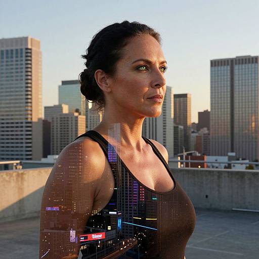 Photograph of a fit, middle-aged woman with dark hair in a black tank top, standing on a rooftop, city skyline at sunset, digital grid