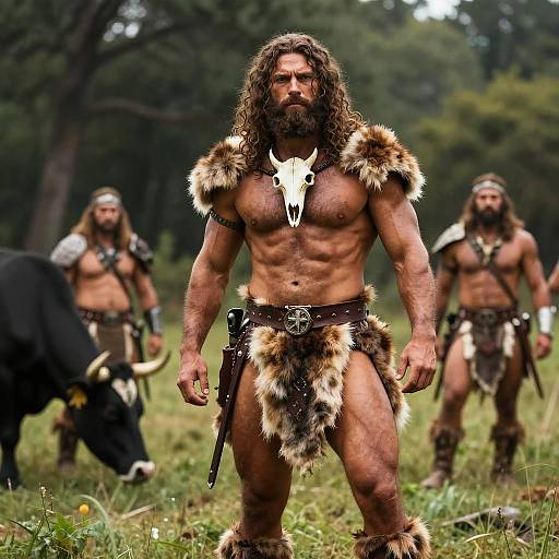 Photograph of three muscular, bearded men with long hair in fur and leather tribal attire, standing in a forest, one with a bull's skull