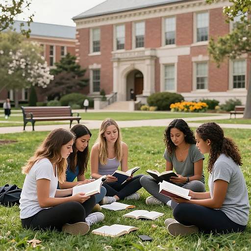 Photograph of five young women with diverse hair colors and styles, sitting on grass reading books, in front of a red-brick university building.