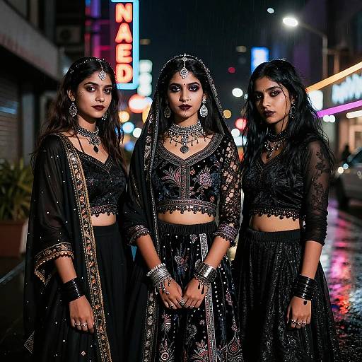 Photograph of three Indian women in black, ornate traditional attire with intricate embroidery, standing on a rainy, neon-lit street at night.