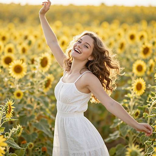 Photograph of a smiling, curly-haired woman in a white sundress, dancing joyfully in a sunlit sunflower field.