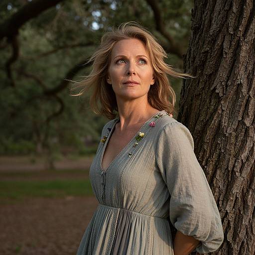Photograph of a blonde woman with wavy hair, wearing a light gray, embroidered dress, leaning against a tree in a sunlit forest.