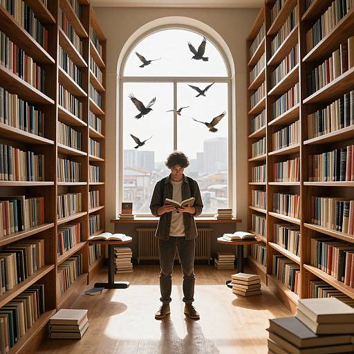 Photograph of a curly-haired young man reading in a sunlit library with tall wooden bookshelves, birds flying outside an arched window.