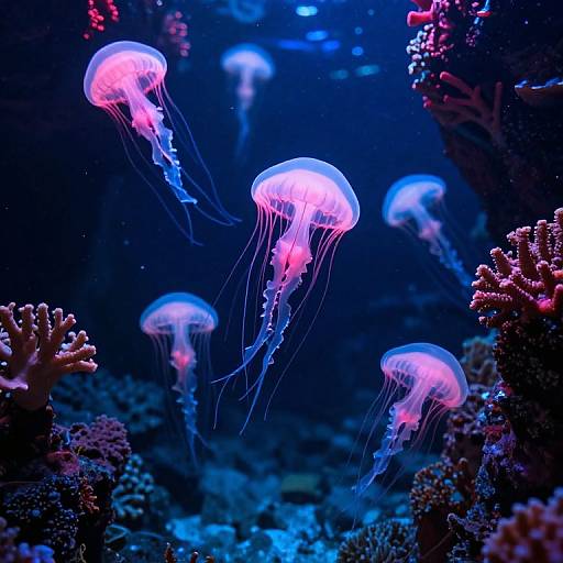 Photograph of vibrant pink and blue jellyfish floating above colorful coral reefs in a dark, illuminated underwater scene.